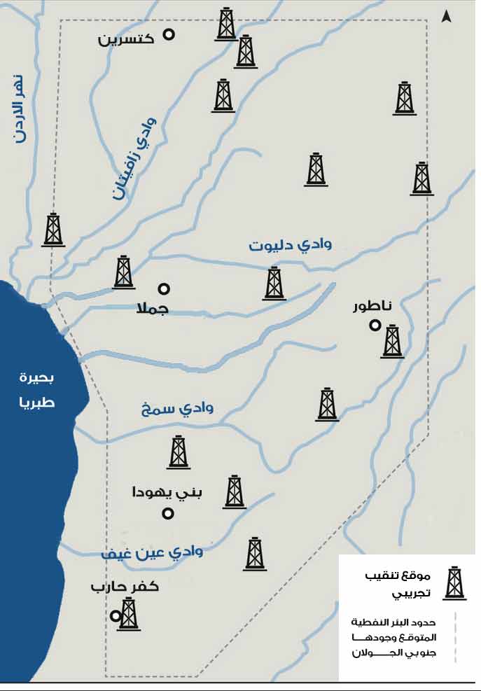 خارطة تبين مكان البئر النفطية المحتملة ومواقع التنقيب التجريبية